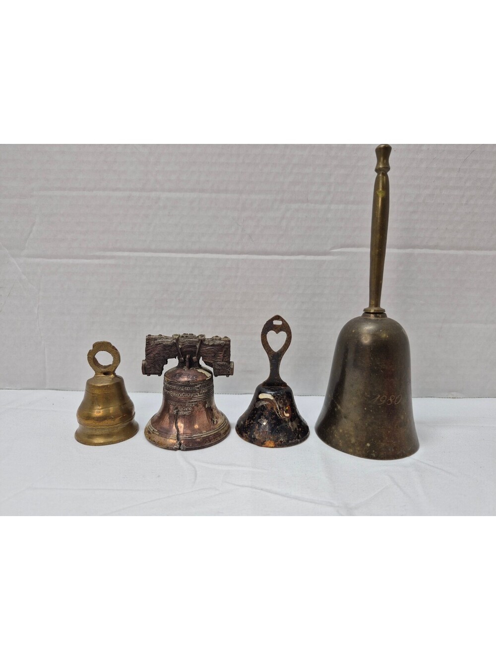 Set of 4 Vintage Decorative Metal Bells with Unique Designs and Patina J110